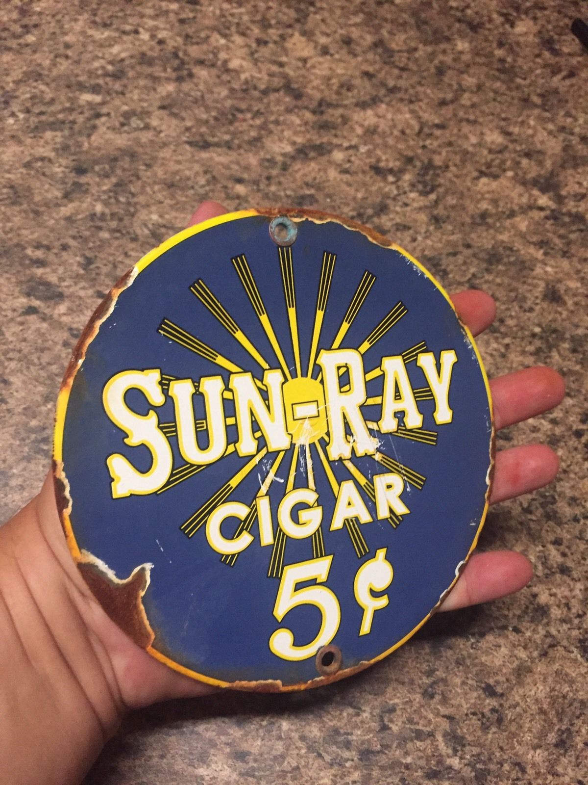 Vintage Sun Ray 5 Cent Cigars Steel Porcelain Sign Door Push Tobacco Gas Oil Car