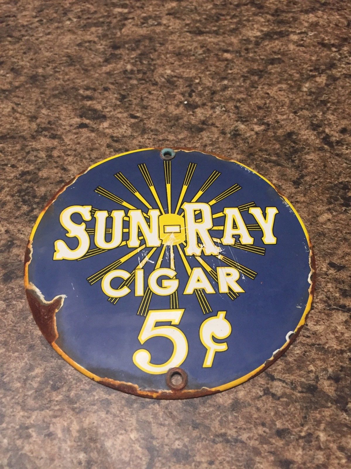 Vintage Sun Ray 5 Cent Cigars Steel Porcelain Sign Door Push Tobacco Gas Oil Car