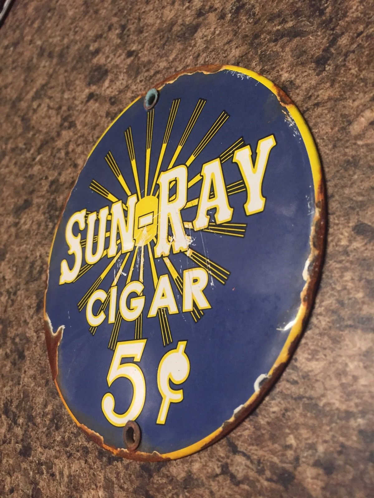 Vintage Sun Ray 5 Cent Cigars Steel Porcelain Sign Door Push Tobacco Gas Oil Car