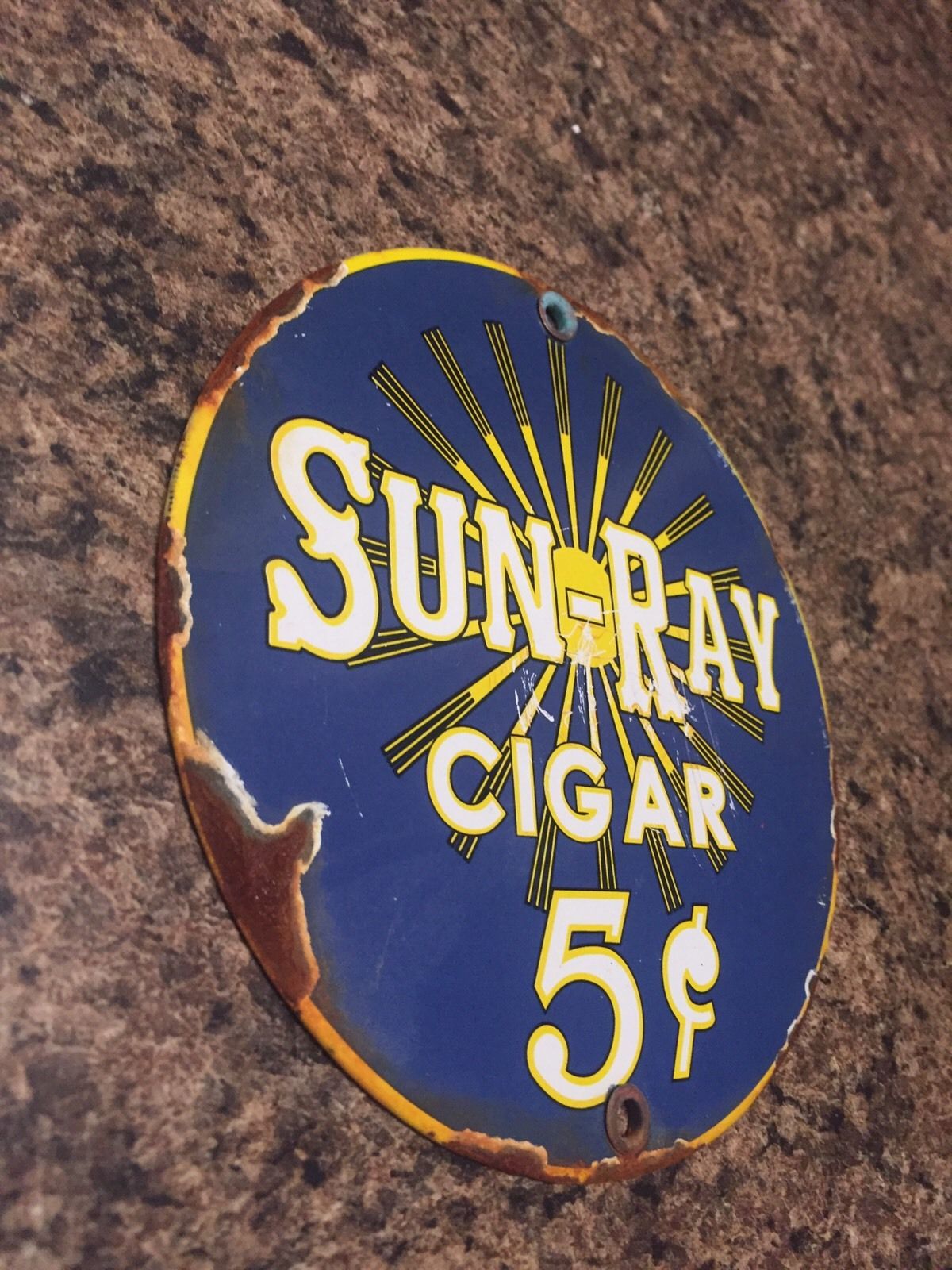 Vintage Sun Ray 5 Cent Cigars Steel Porcelain Sign Door Push Tobacco Gas Oil Car