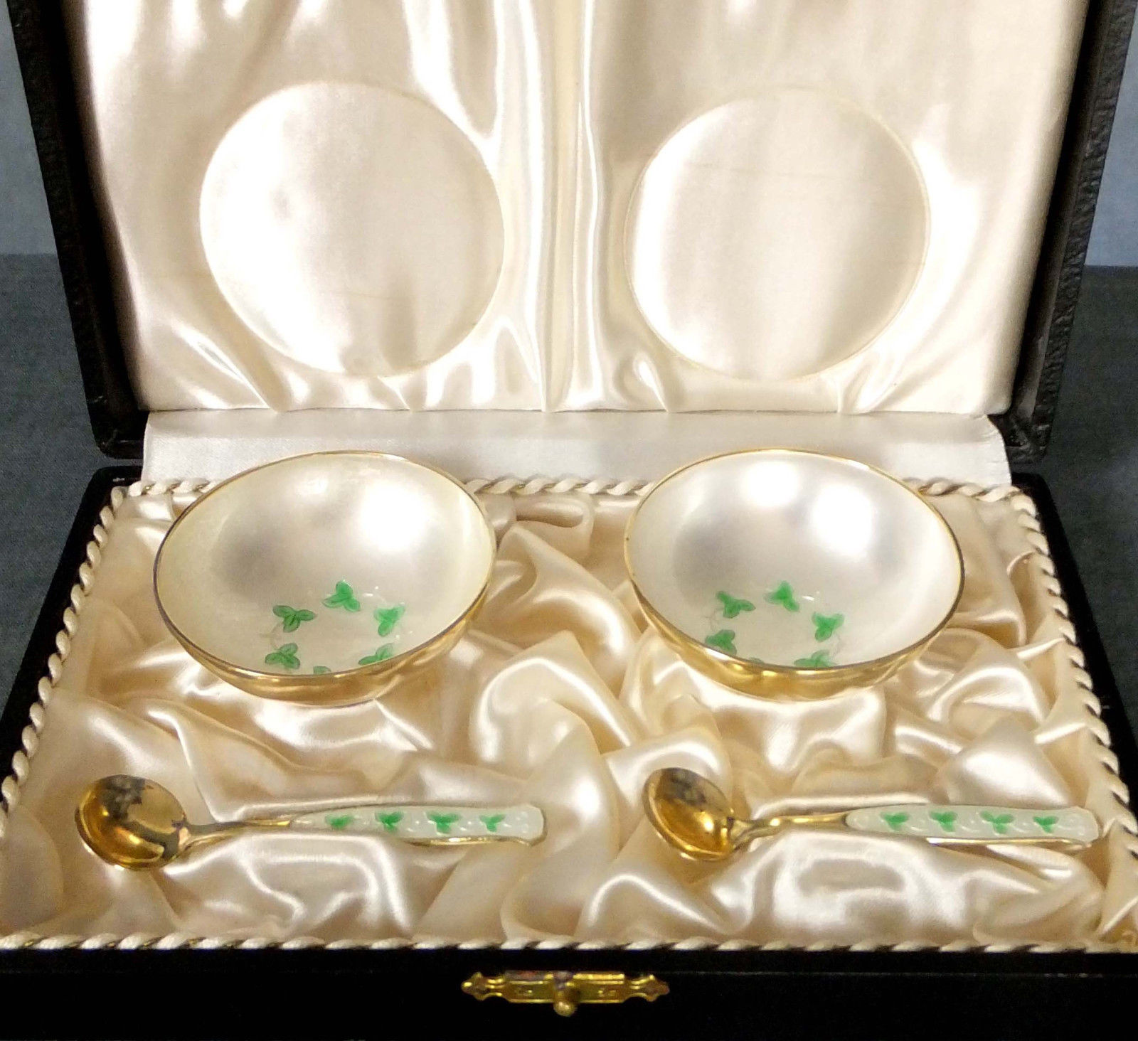 SUPERB FINE QUALITY BOXED Pr of DANISH MID CENTURY ENAMEL STERLING SILVER SALTS