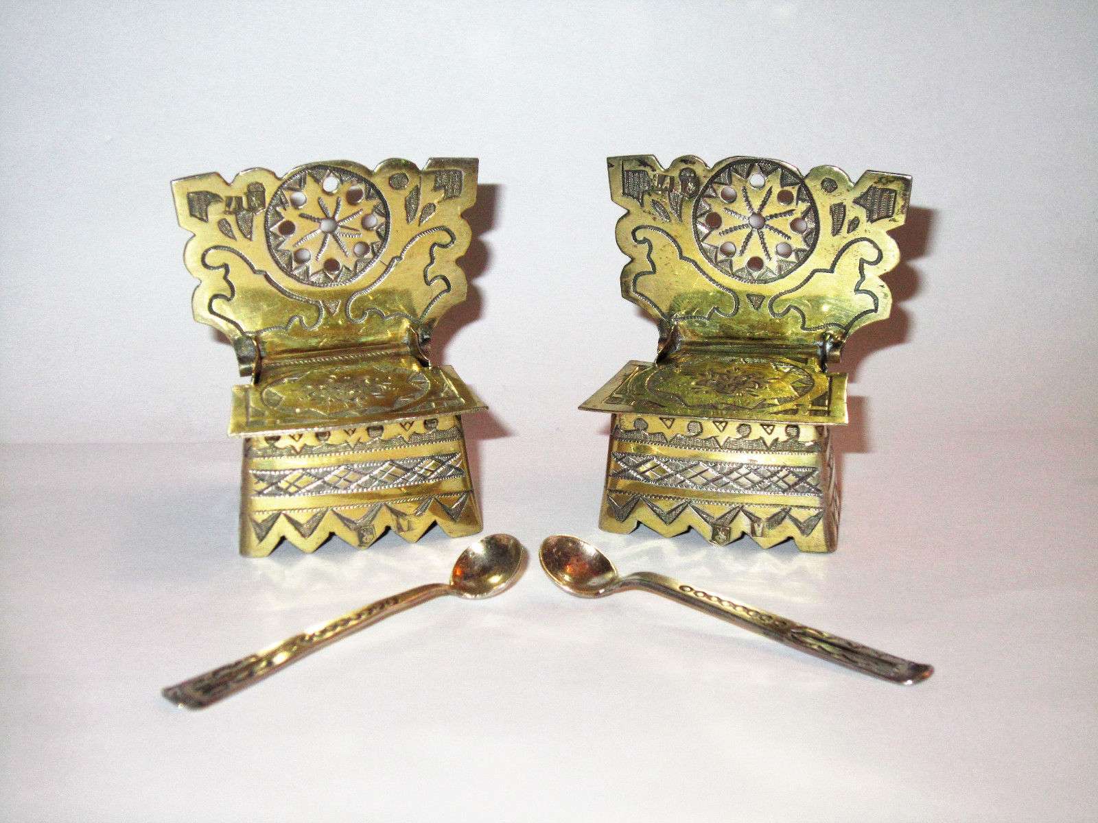 19C Antique Russian Pair Silver Salt Thrones Spoons Set