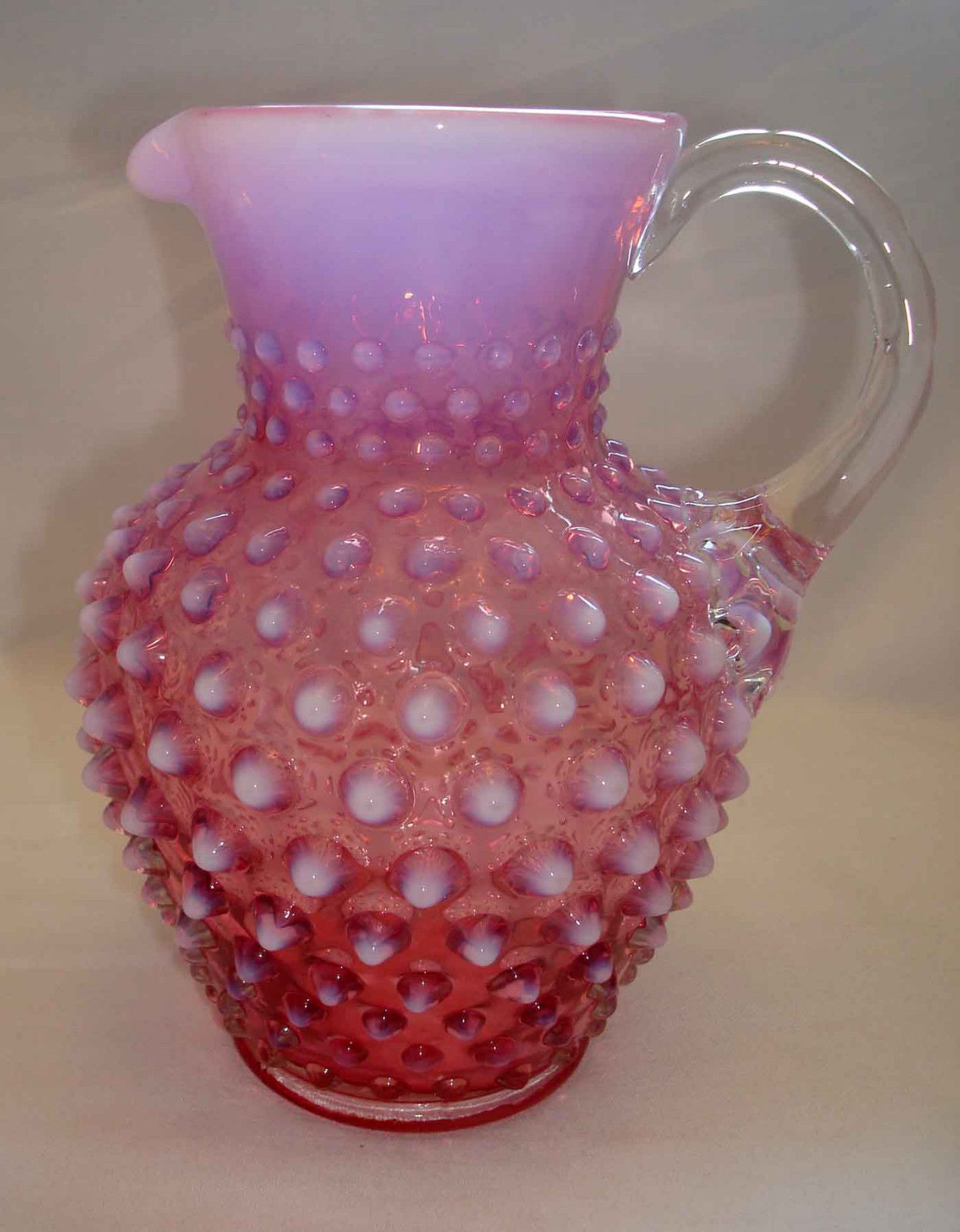 Vintage Fenton Glass Cranberry Opalescent Hobnail Syrup 5 ¾” Handled Jug Pitcher