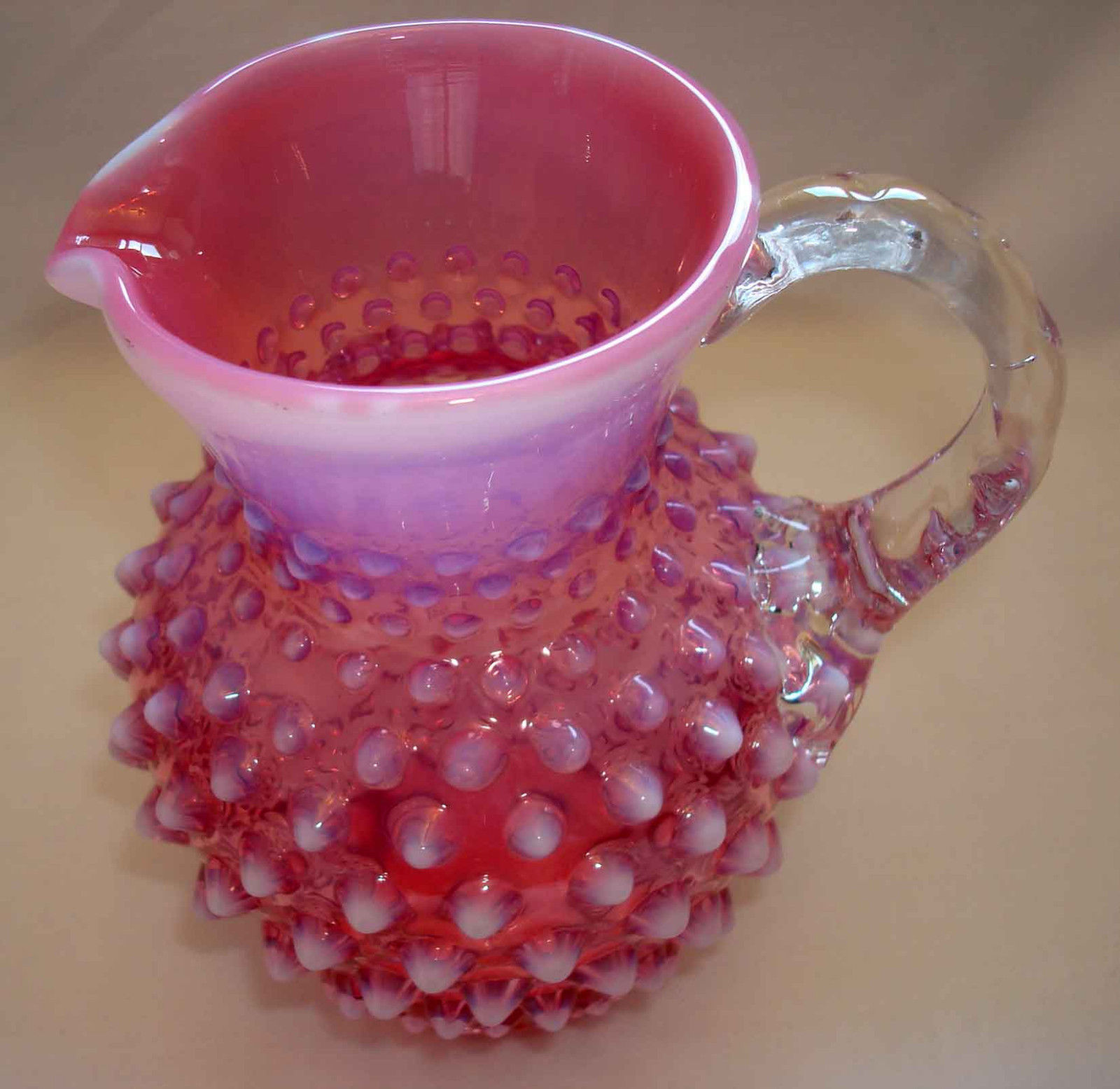 Vintage Fenton Glass Cranberry Opalescent Hobnail Syrup 5 ¾” Handled Jug Pitcher