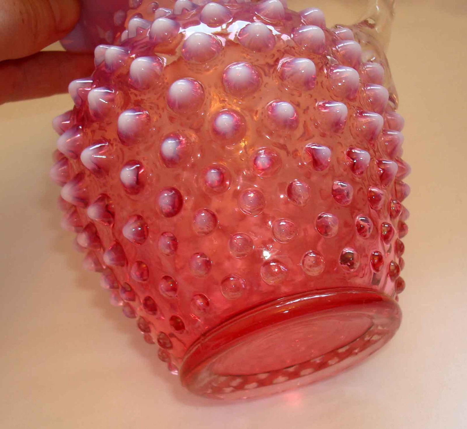 Vintage Fenton Glass Cranberry Opalescent Hobnail Syrup 5 ¾” Handled Jug Pitcher