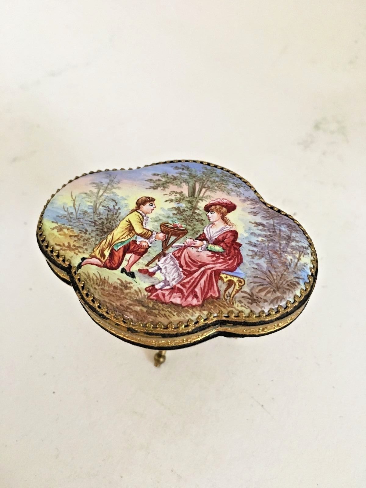 French/Austrian Hand Painted Enamel Table w/Elaborate Gilt Boule Superb Painting