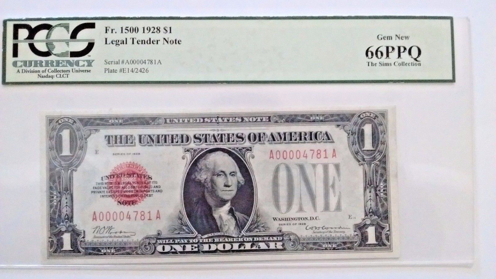 1928 $1 Legal Tender FR-1500 - "Red Seal" "Low Serial " PCGS-66 PPQ Gem Uncir