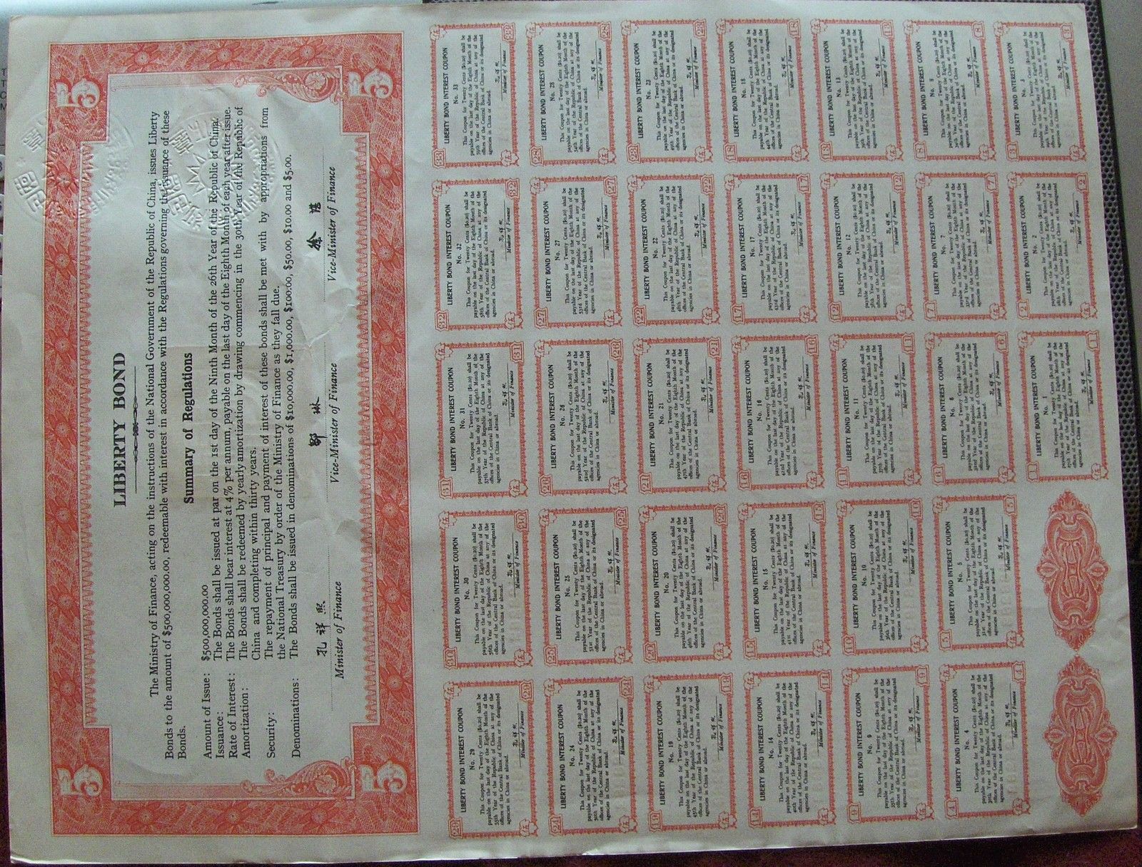 China 1937 $5 Liberty Bond complete uncut not cancelled.