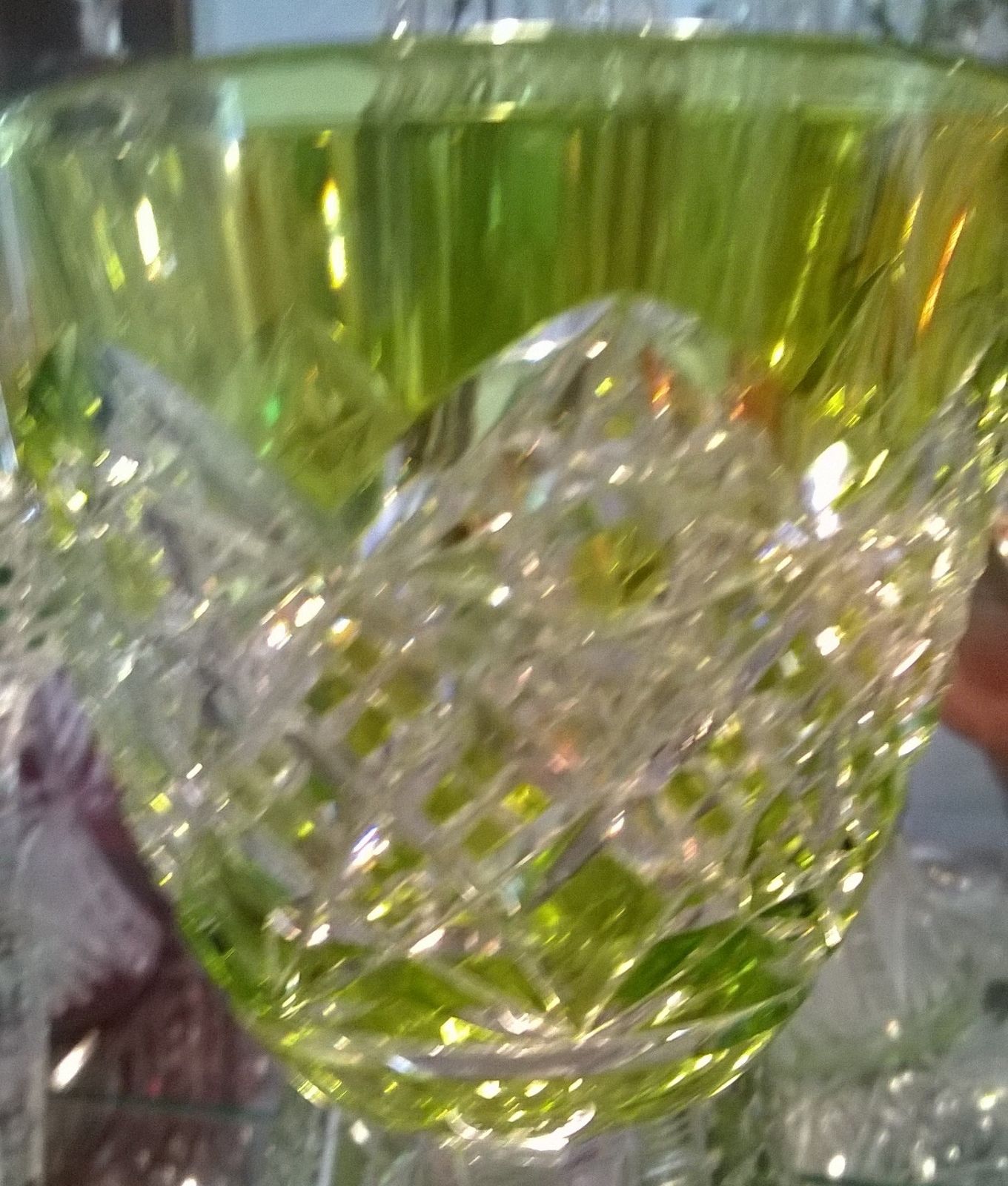 BACCARAT CHARTREUSE GREEN CUT TO CLEAR WINE GLASS /FRANCE/ANTIQUE/SIGNED