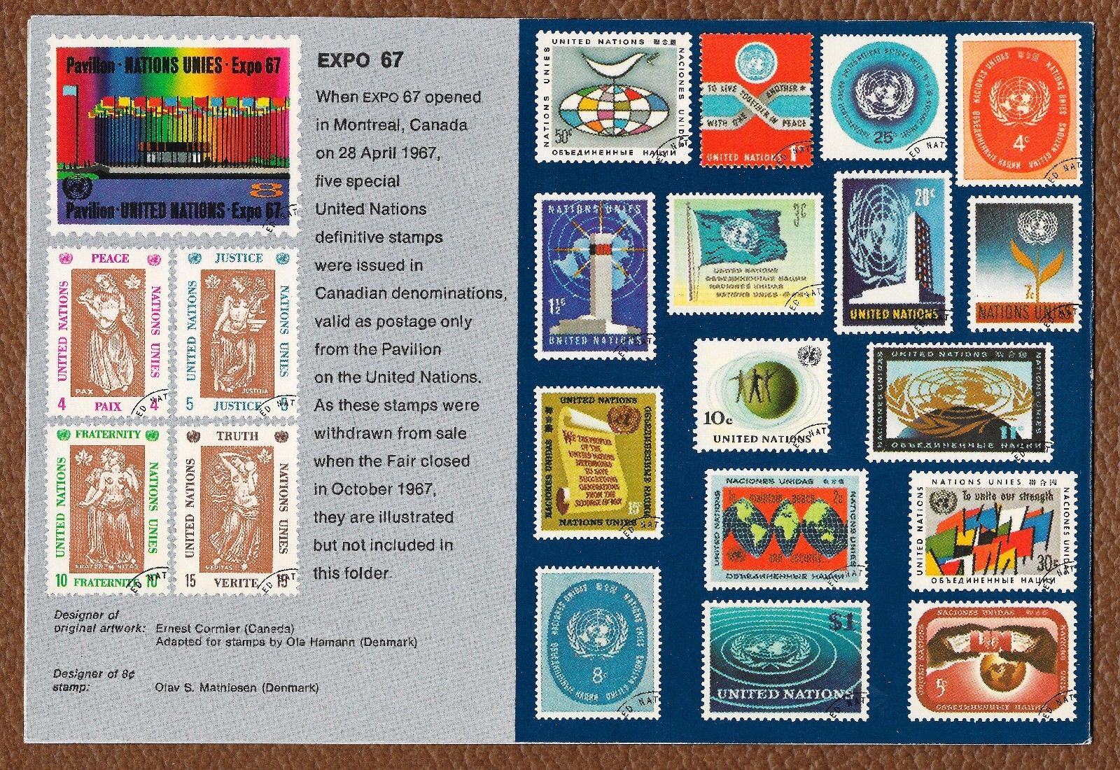 1967 UN Souvenir Folder of UN stamps issued in 1967, mint