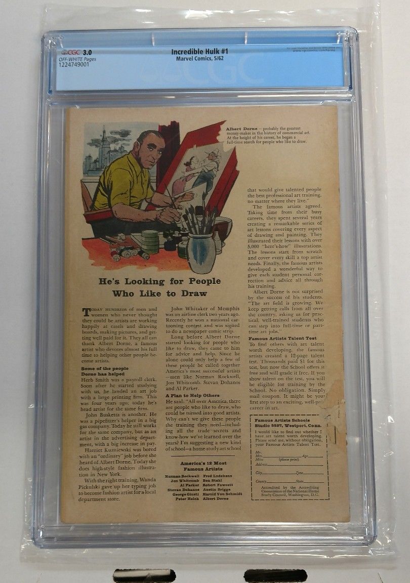 Incredible Hulk #1 CGC 3.0 Origin & 1st Appearance May 1962 Marvel