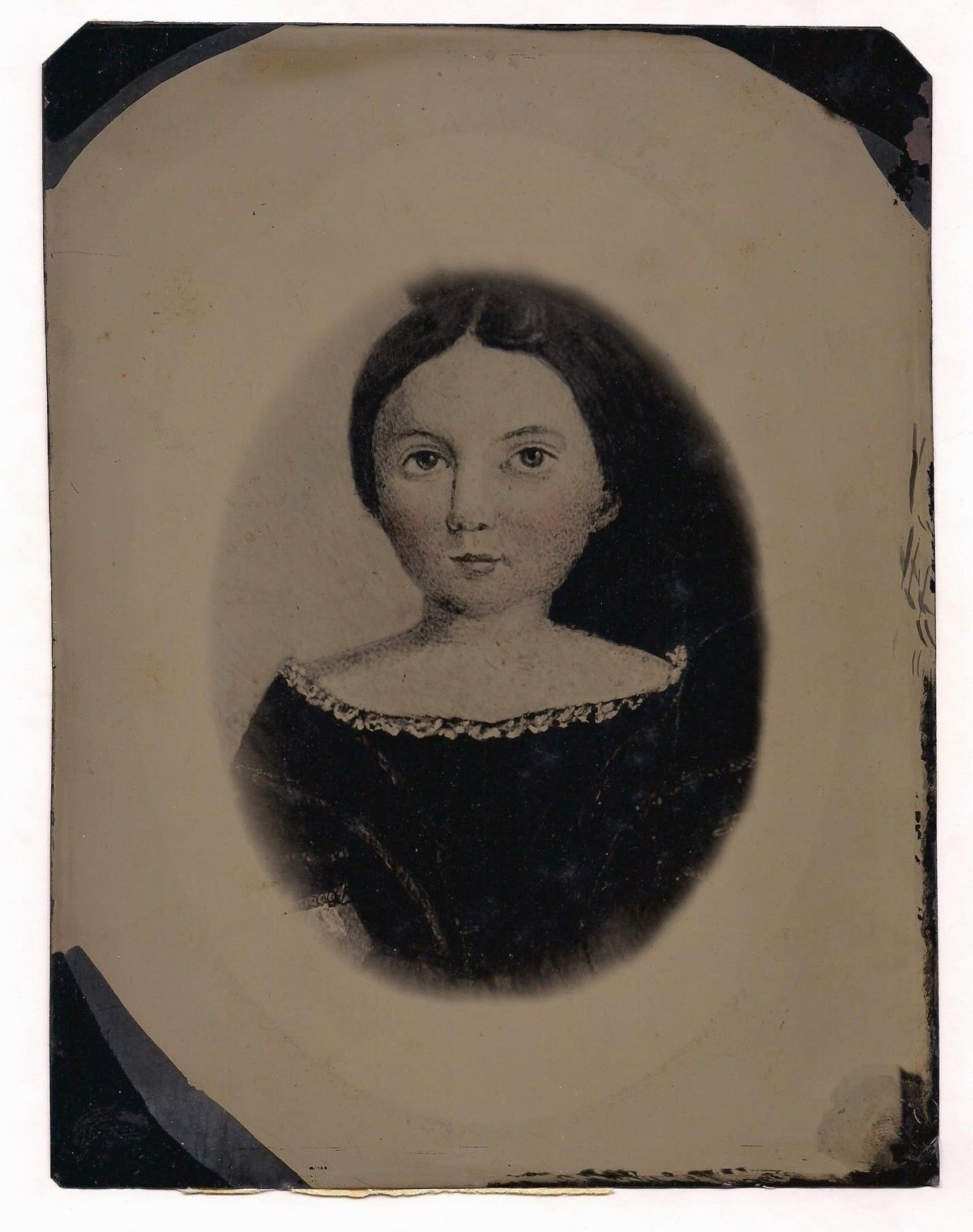 OLD VINTAGE ANTIQUE FULL PLATE TINTYPE PHOTO PRETTY YOUNG GIRL FOLK ART PICTURE