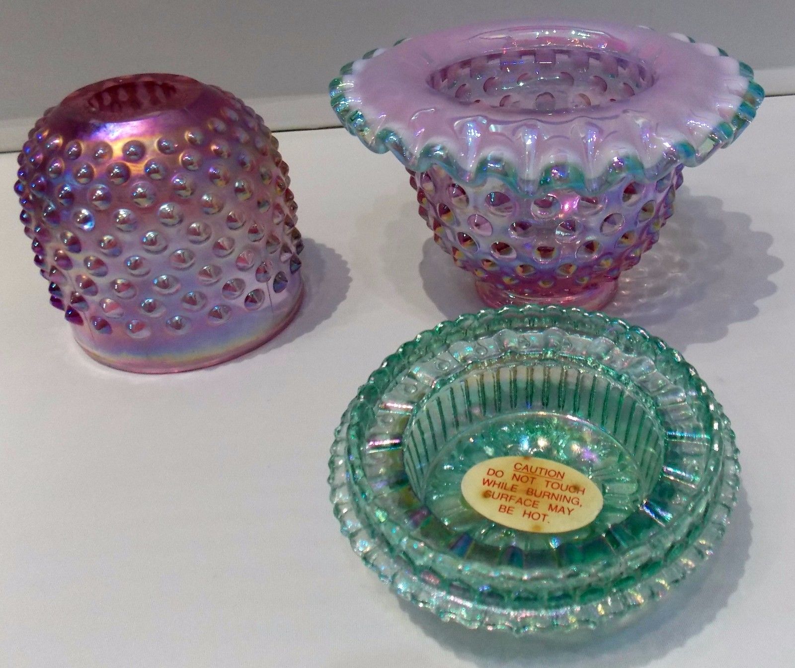 Vintage FENTON GLASS Amber Hobnail 3PCS  FAIRY LAMP Lavender Opalescent Signed