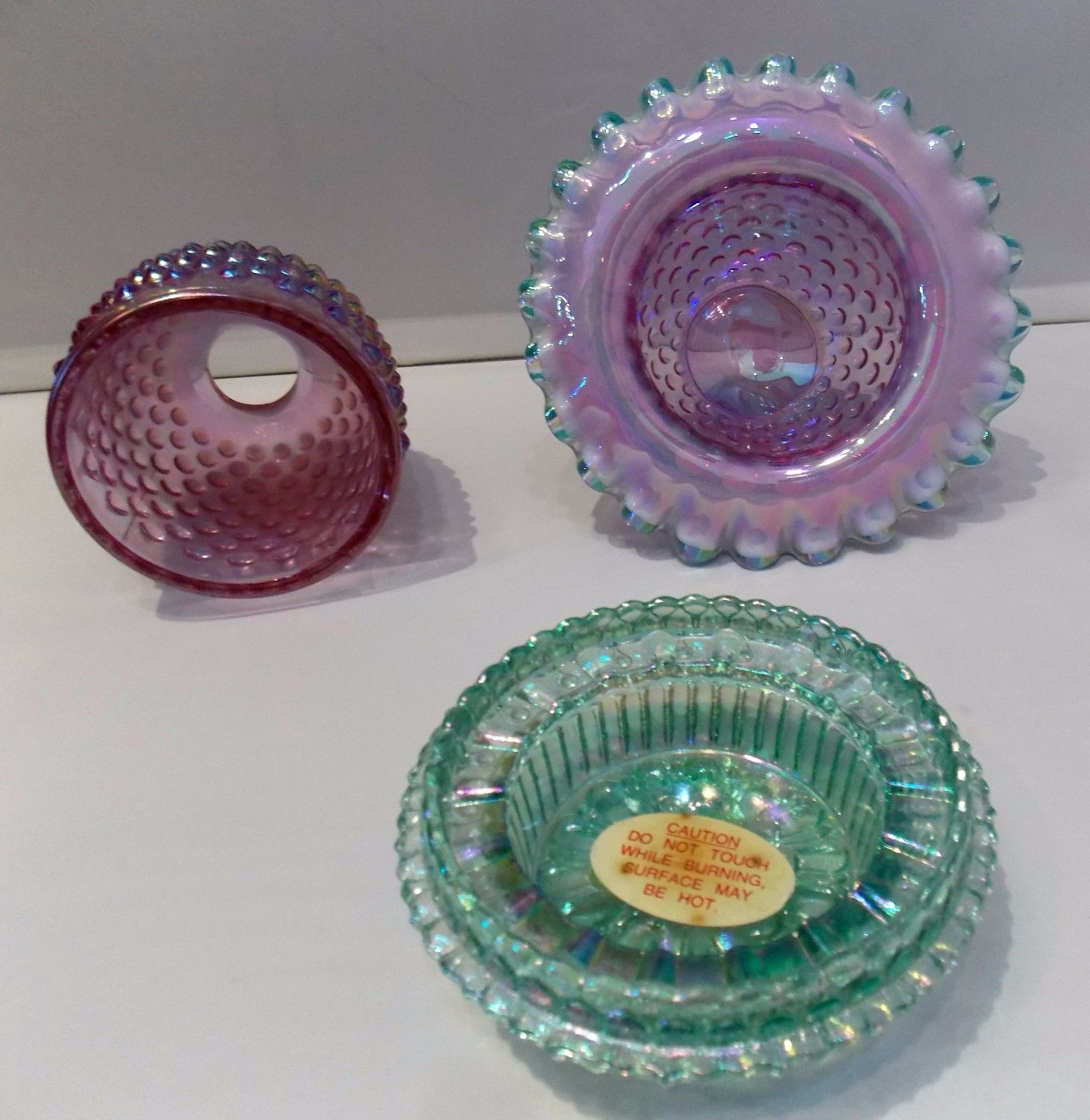 Vintage FENTON GLASS Amber Hobnail 3PCS  FAIRY LAMP Lavender Opalescent Signed