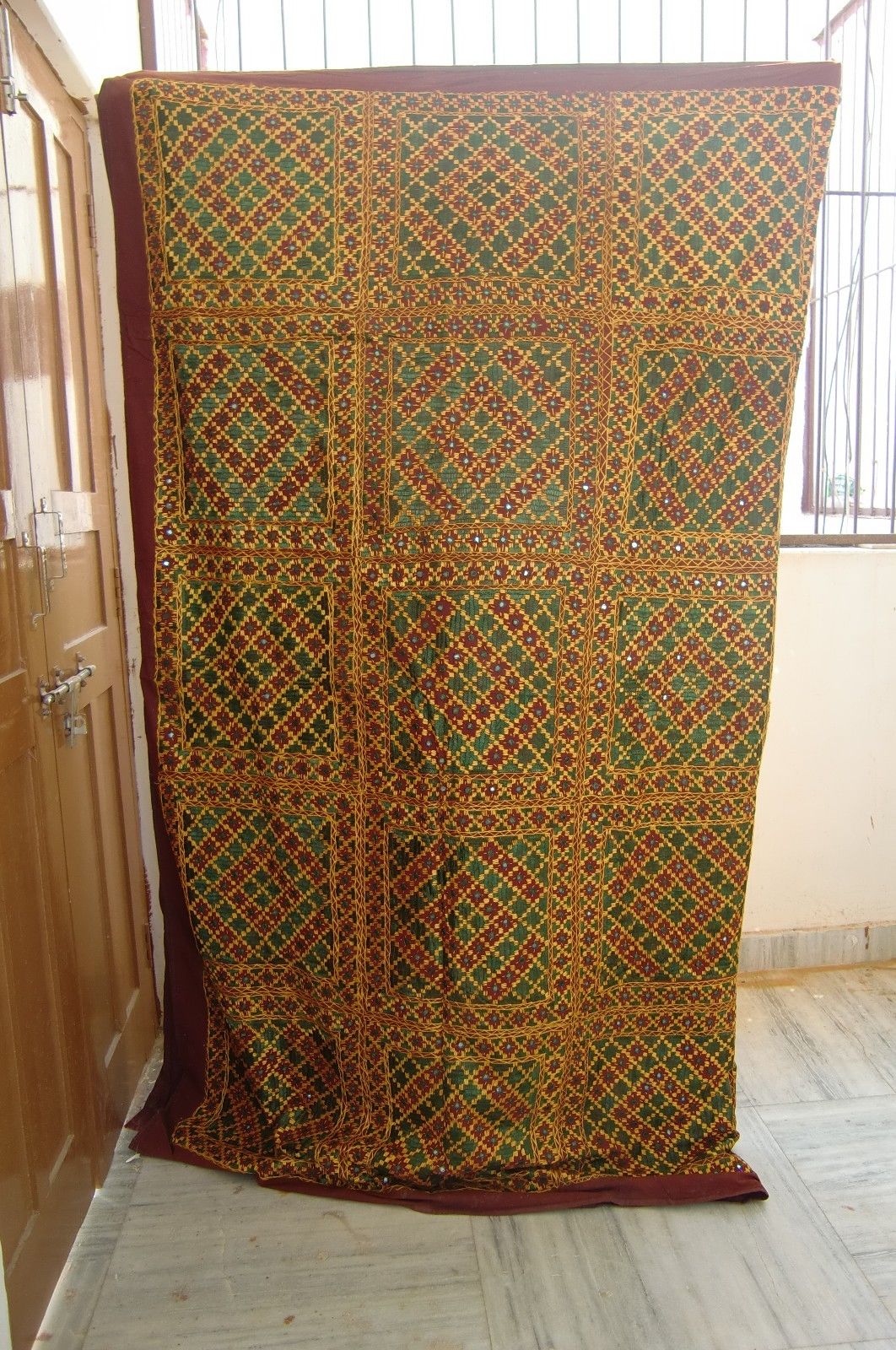 VINTAGE HANDMADE COLORFUL COTTON EMBROIDERED BEDSPREAD ON VERY THIN FINE SILK