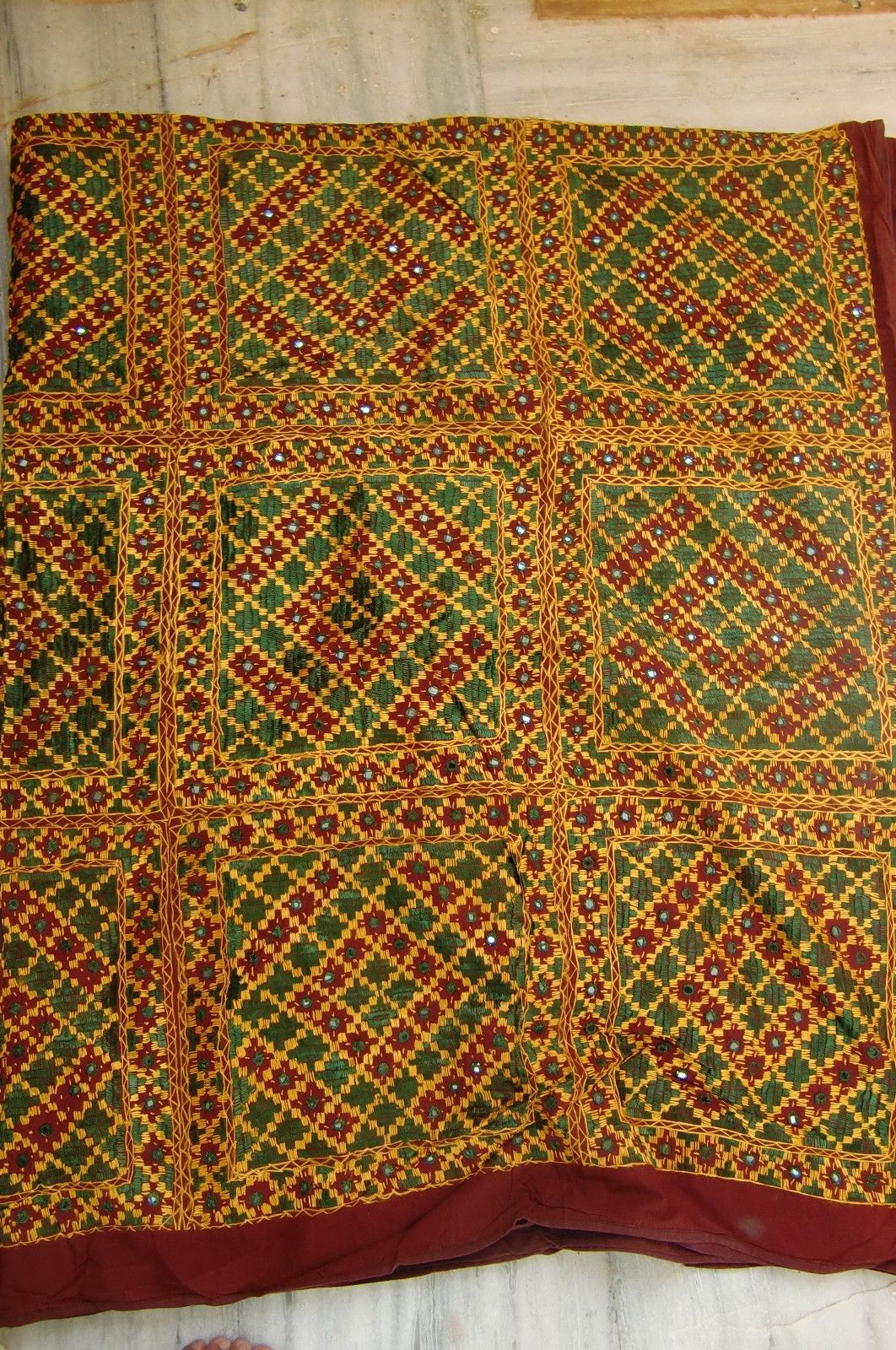 VINTAGE HANDMADE COLORFUL COTTON EMBROIDERED BEDSPREAD ON VERY THIN FINE SILK