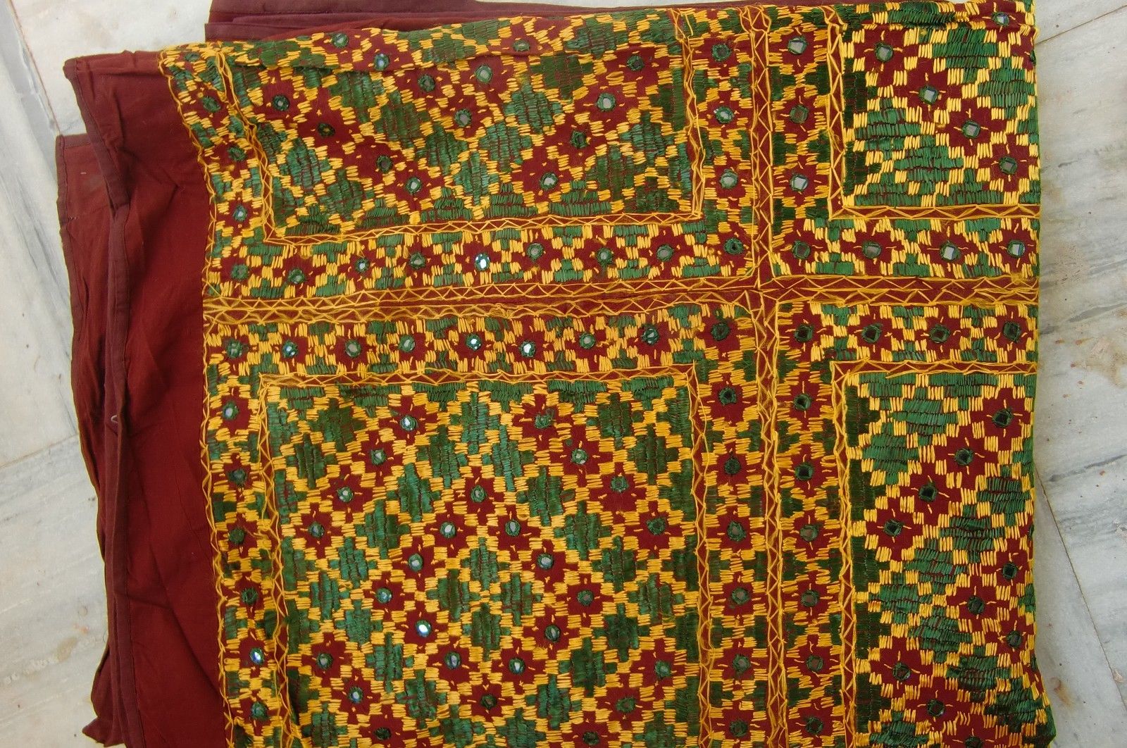 VINTAGE HANDMADE COLORFUL COTTON EMBROIDERED BEDSPREAD ON VERY THIN FINE SILK