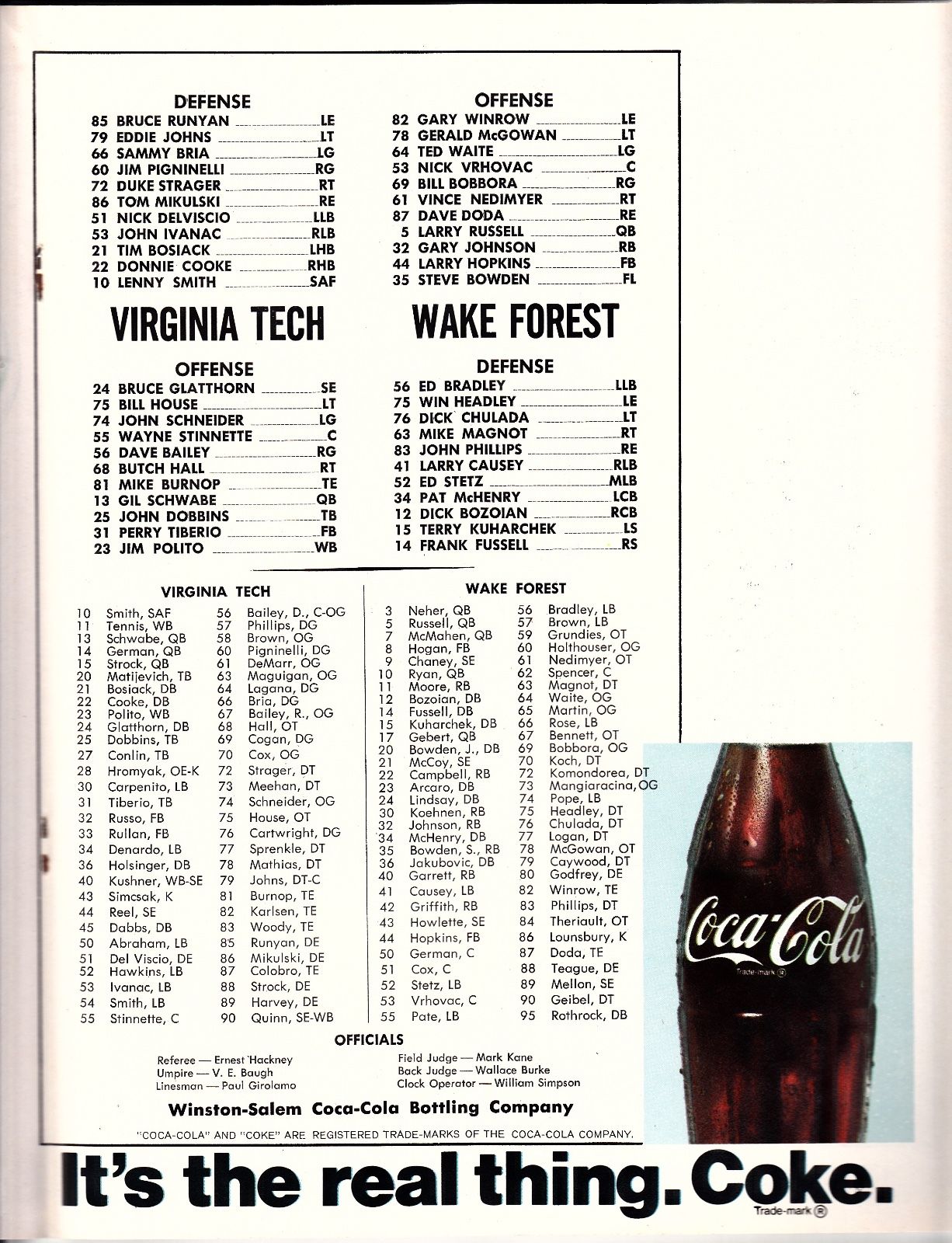 Virginia Tech at Wake Forest football game program October 10, 1970