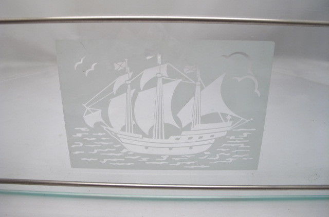 VINTAGE ART DECO GLASS METAL  GALLEON COCKTAIL TRAY