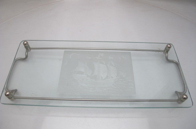 VINTAGE ART DECO GLASS METAL  GALLEON COCKTAIL TRAY