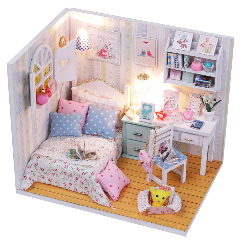 New Kits DIY Wood Dollhouse miniature with LED+Furniture+cover Doll house room