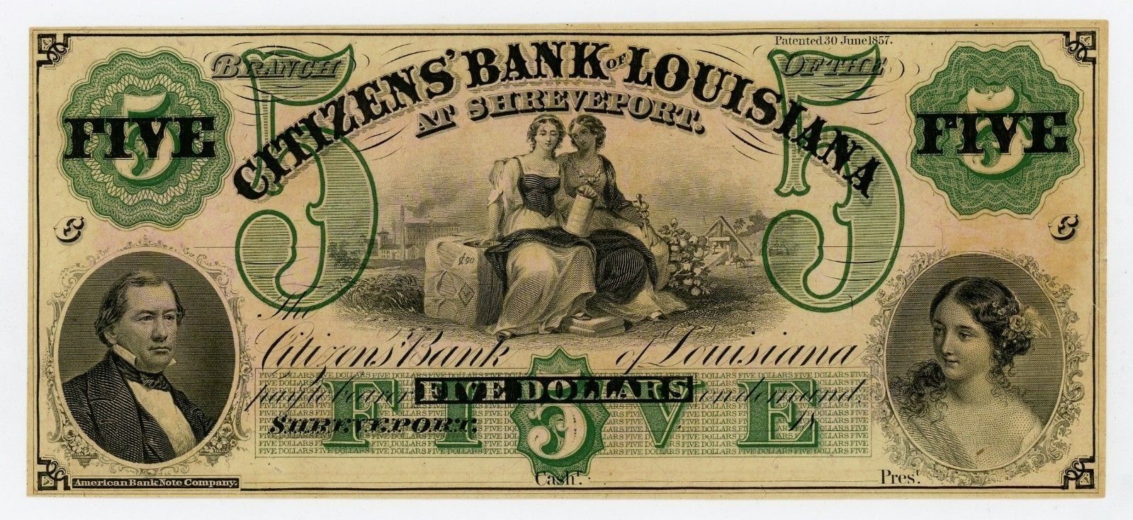 1800's $5 The Citizens' Bank of LOUISIANA at Shreveport Note UNC