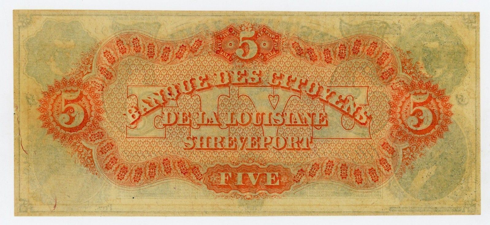 1800's $5 The Citizens' Bank of LOUISIANA at Shreveport Note UNC