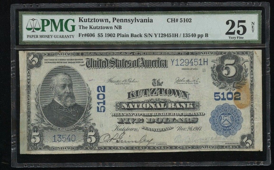 1902 $5 PB The Kutztown National Bank, Pennsylvania 5102 – PMG VF25 Net