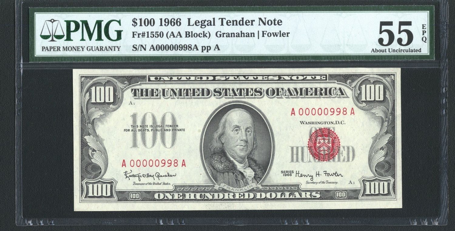 1966 $100 LEGAL TENDER NOTE FR-1550, LOW SERIAL NUMBER, CERTIFIED PMG-AU-55-EPQ