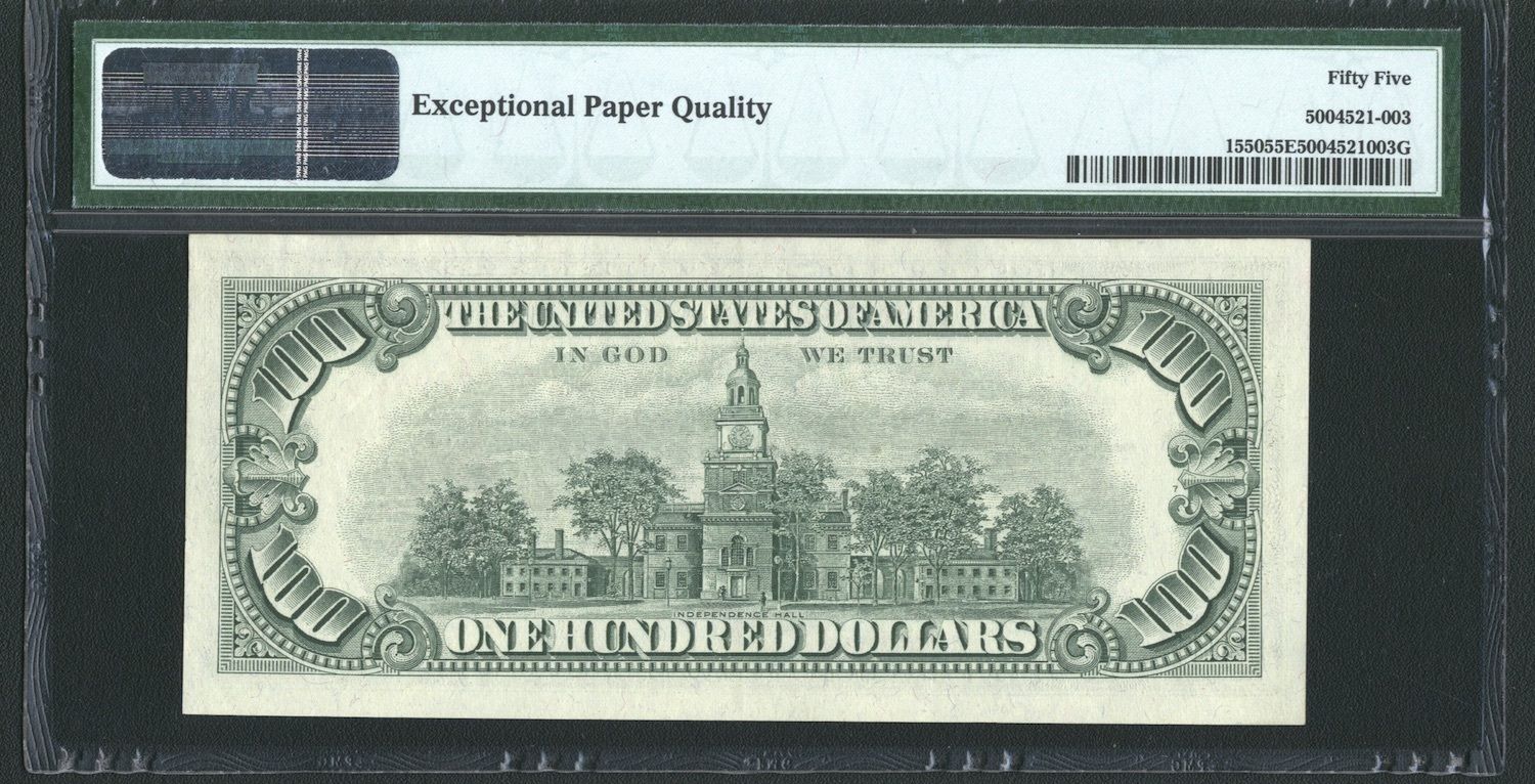 1966 $100 LEGAL TENDER NOTE FR-1550, LOW SERIAL NUMBER, CERTIFIED PMG-AU-55-EPQ