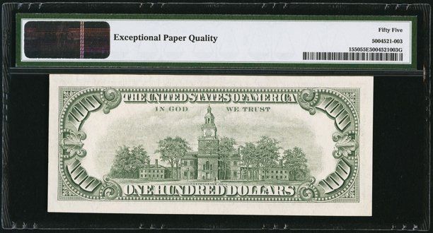 1966 $100 LEGAL TENDER NOTE FR-1550, LOW SERIAL NUMBER, CERTIFIED PMG-AU-55-EPQ