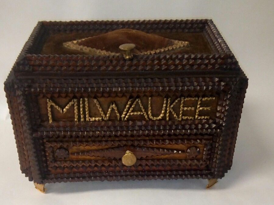 Outstanding Tramp Art Decorated Jewelry Box w/ drawer "MILWAUKEE" Folk Art C1900
