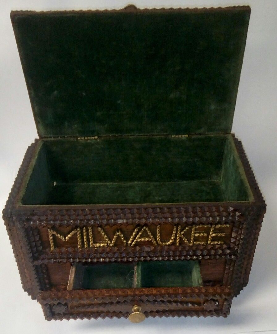 Outstanding Tramp Art Decorated Jewelry Box w/ drawer "MILWAUKEE" Folk Art C1900