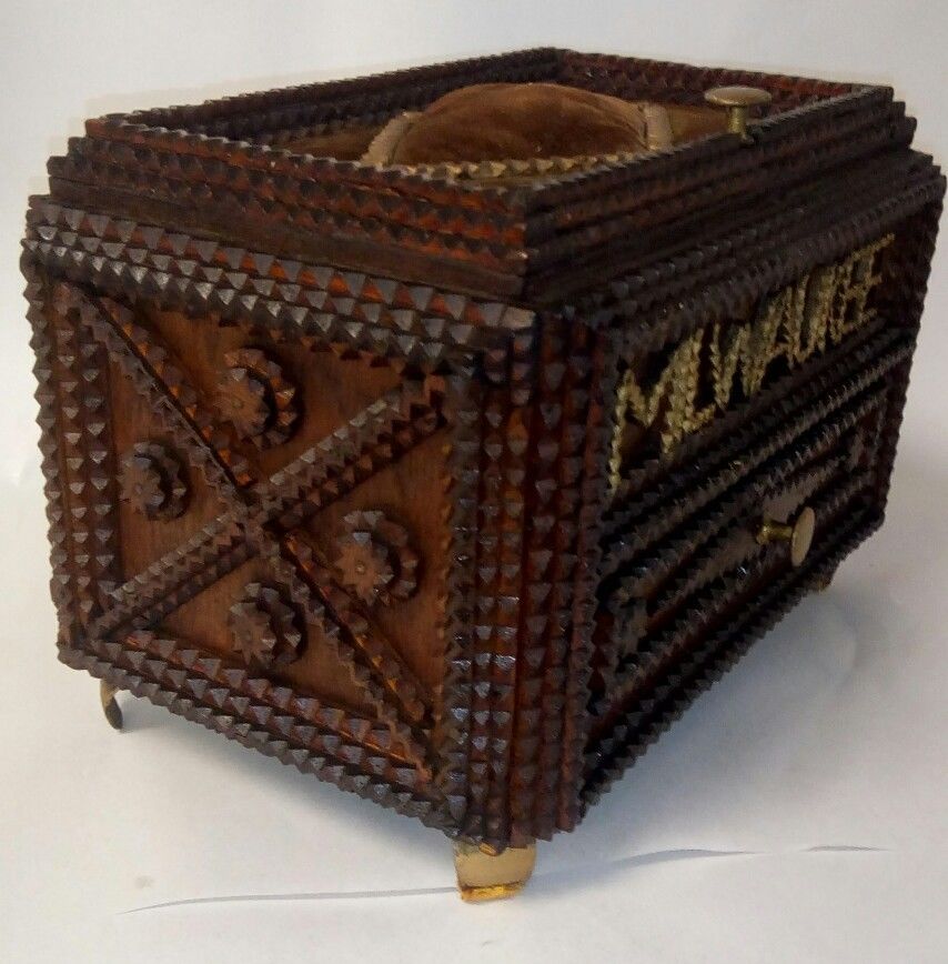 Outstanding Tramp Art Decorated Jewelry Box w/ drawer "MILWAUKEE" Folk Art C1900