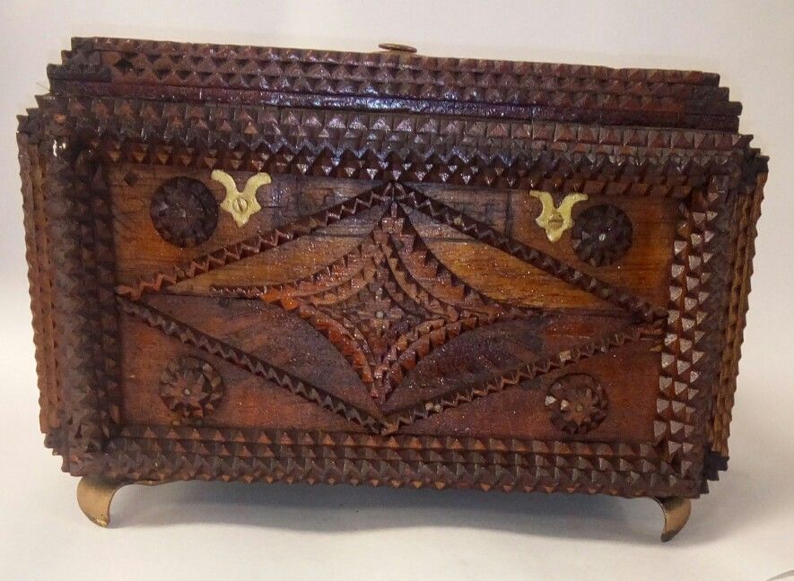 Outstanding Tramp Art Decorated Jewelry Box w/ drawer "MILWAUKEE" Folk Art C1900