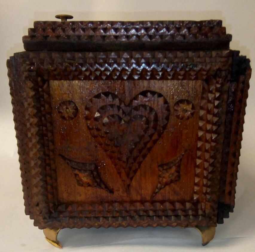 Outstanding Tramp Art Decorated Jewelry Box w/ drawer "MILWAUKEE" Folk Art C1900