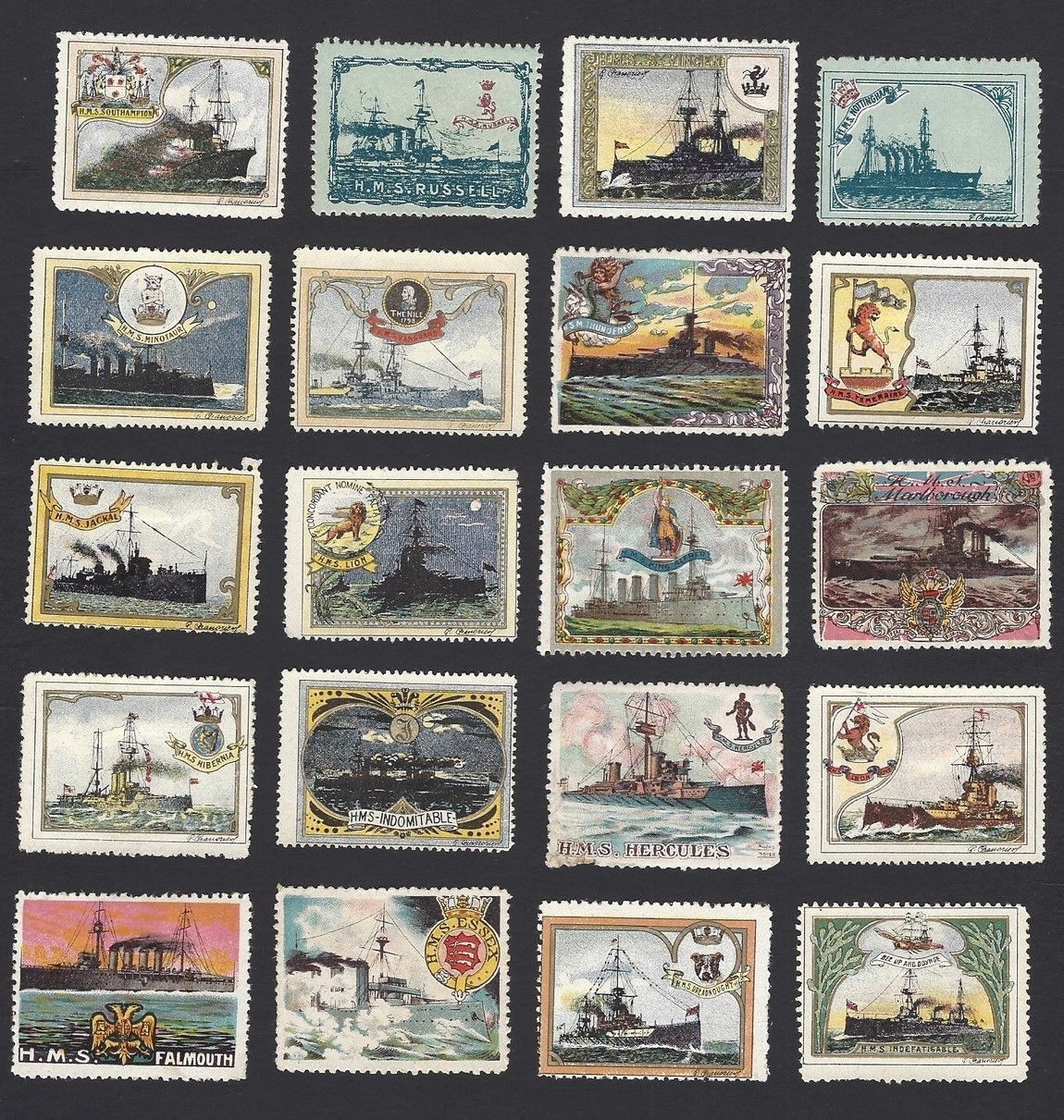 WW1 Delandre BRITISH SHIPS patriotic poster stamp collection most mint, some no