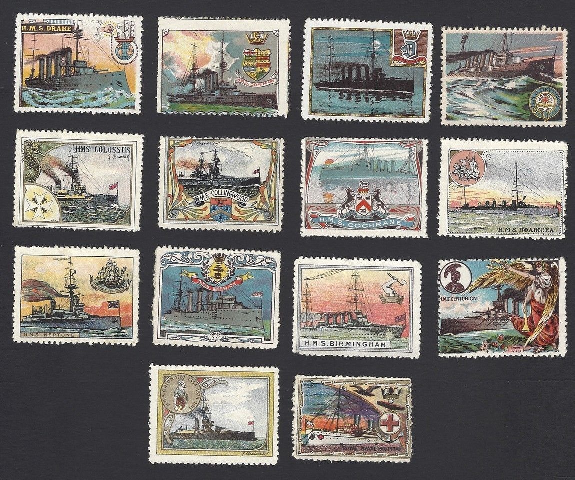 WW1 Delandre BRITISH SHIPS patriotic poster stamp collection most mint, some no