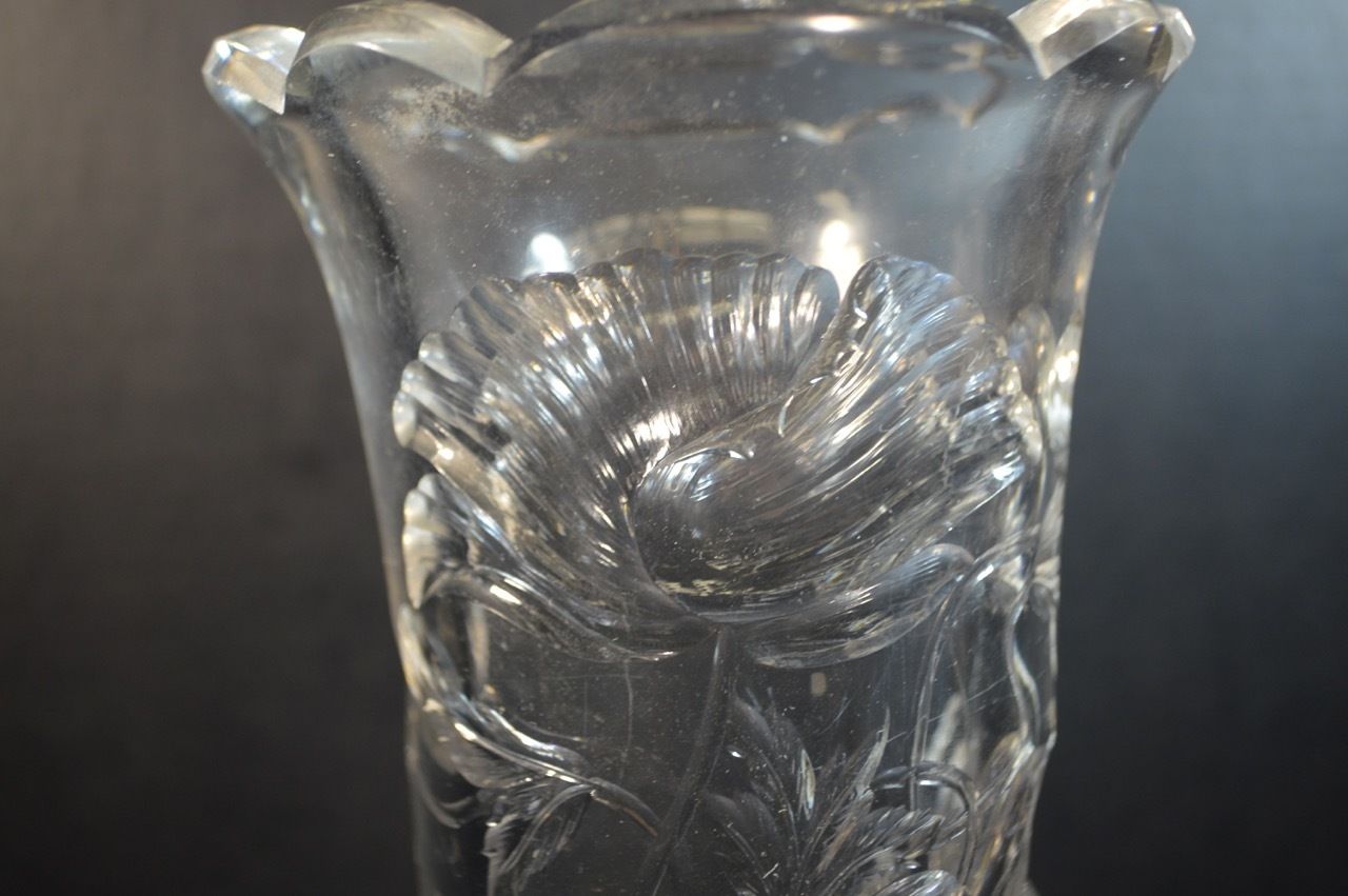 Antique Art Nouveau Cut Crystal Vase with Flowers