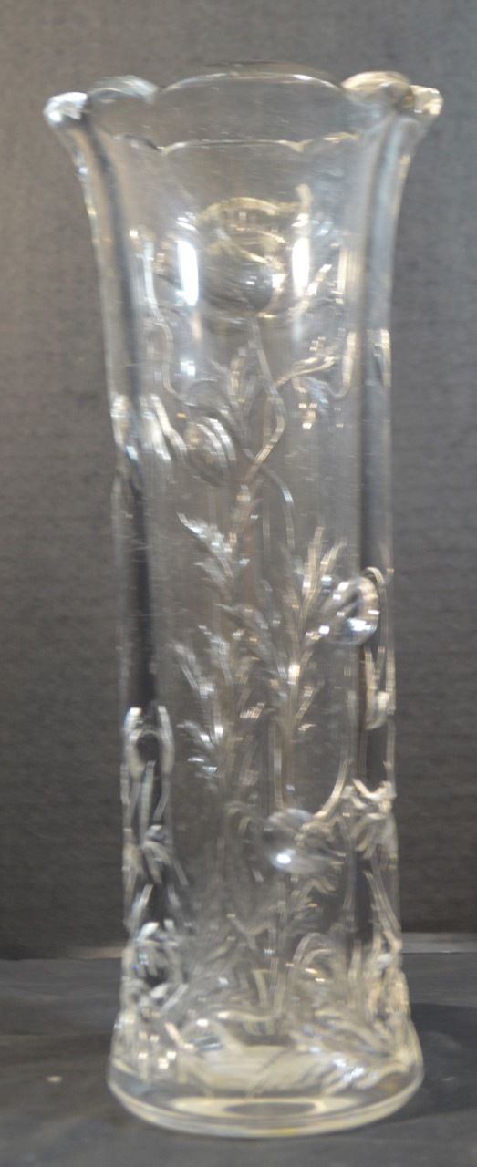 Antique Art Nouveau Cut Crystal Vase with Flowers