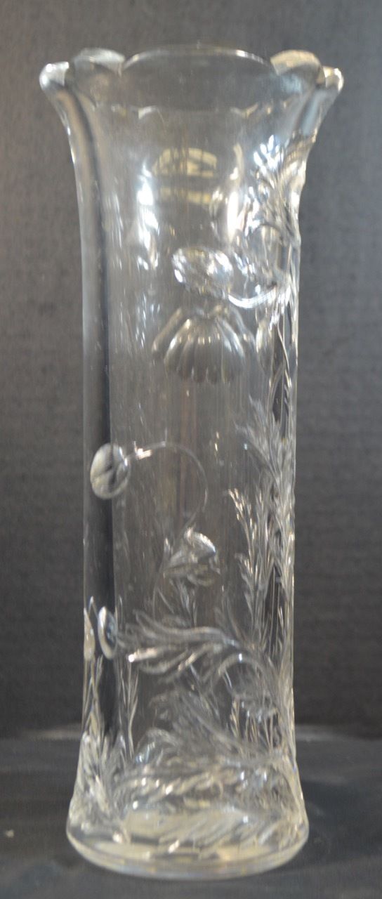 Antique Art Nouveau Cut Crystal Vase with Flowers