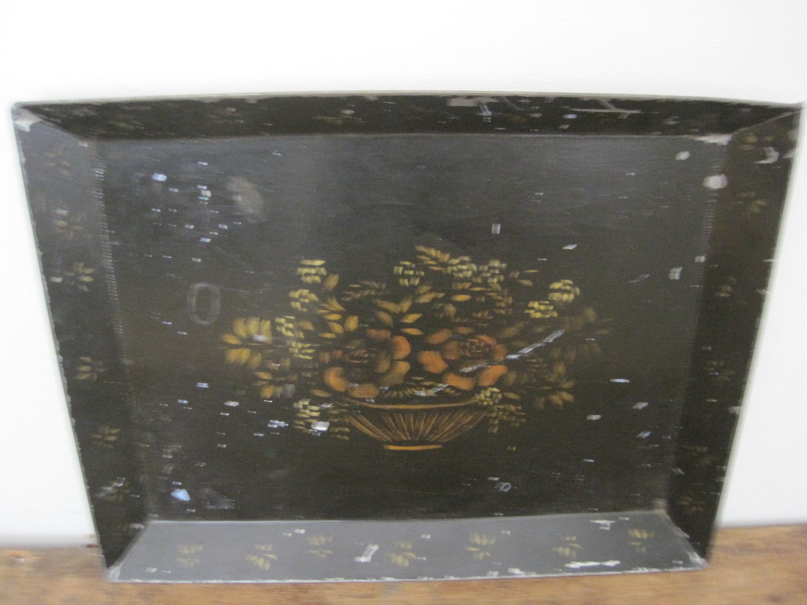 Old Primitive Metal Toleware Tray Basket Flower Picture Great Find Bargain Price