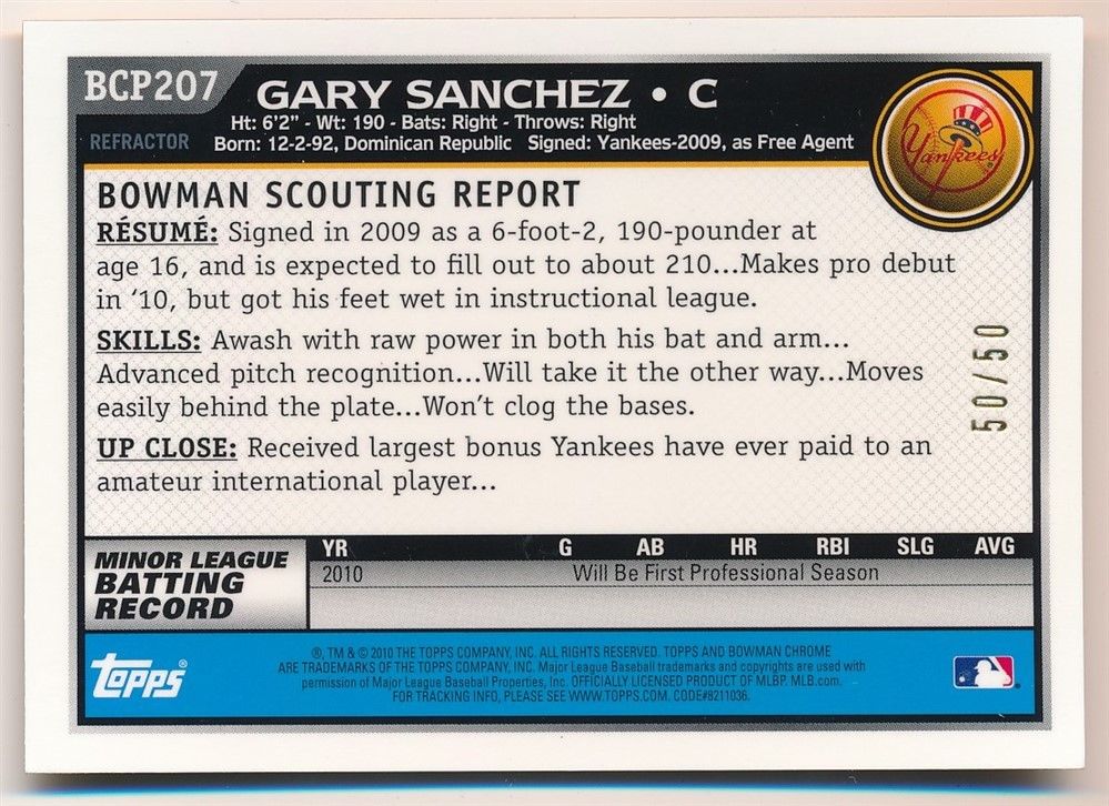 GARY SANCHEZ 2010 BOWMAN CHROME RC ROOKIE GOLD REFRACTOR AUTOGRAPH SP AUTO #/50