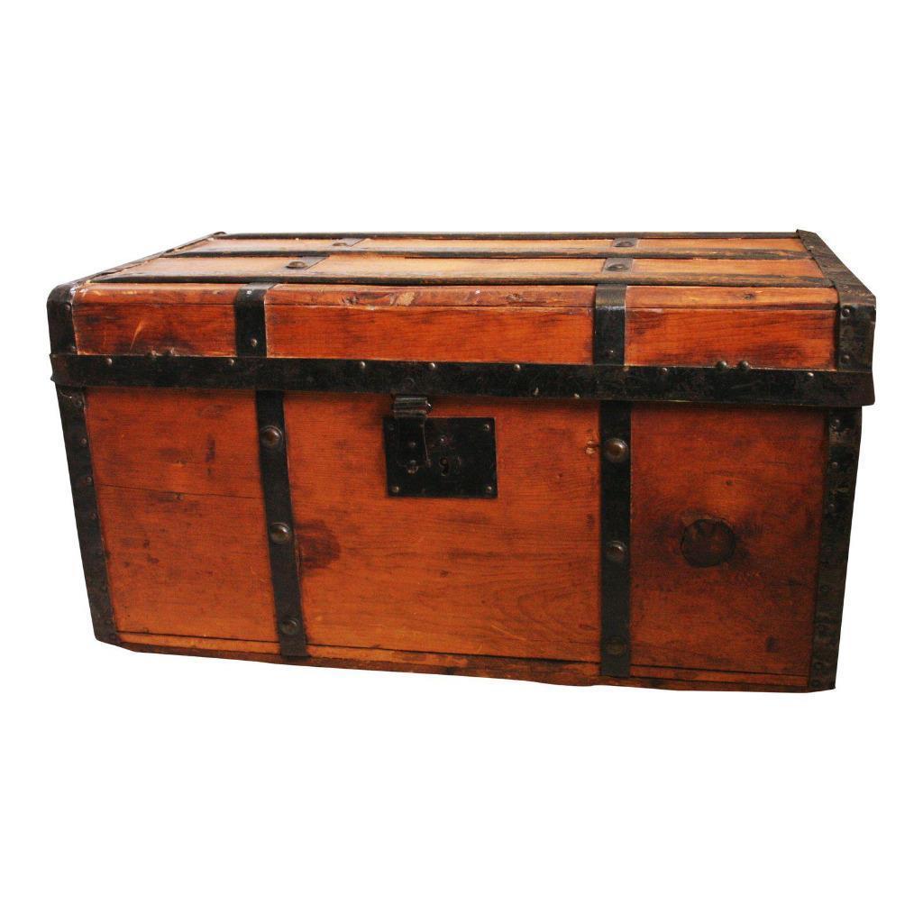 Vintage WOOD TRUNK storage chest steamer wooden victorian rustic banded crate