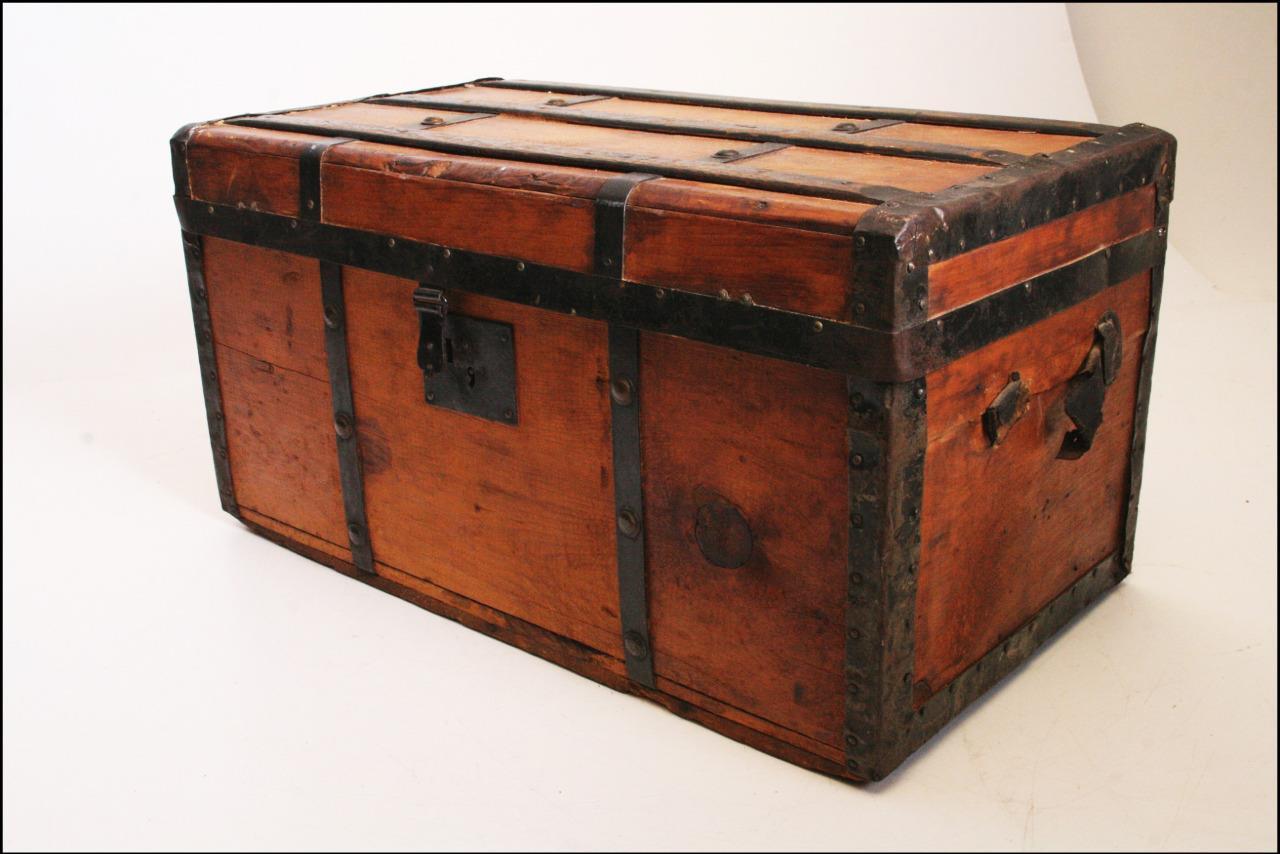 Vintage WOOD TRUNK storage chest steamer wooden victorian rustic banded crate