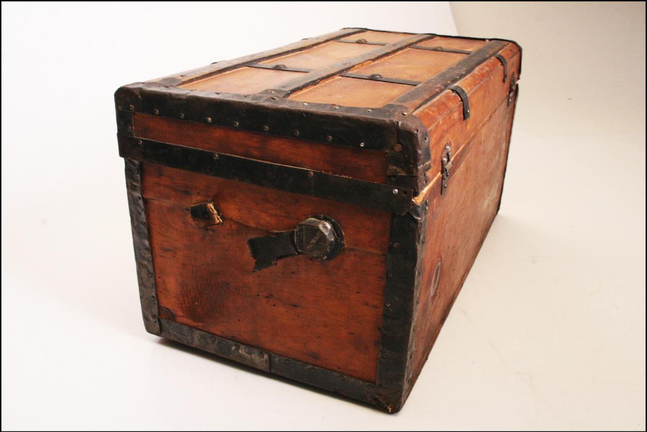 Vintage WOOD TRUNK storage chest steamer wooden victorian rustic banded crate