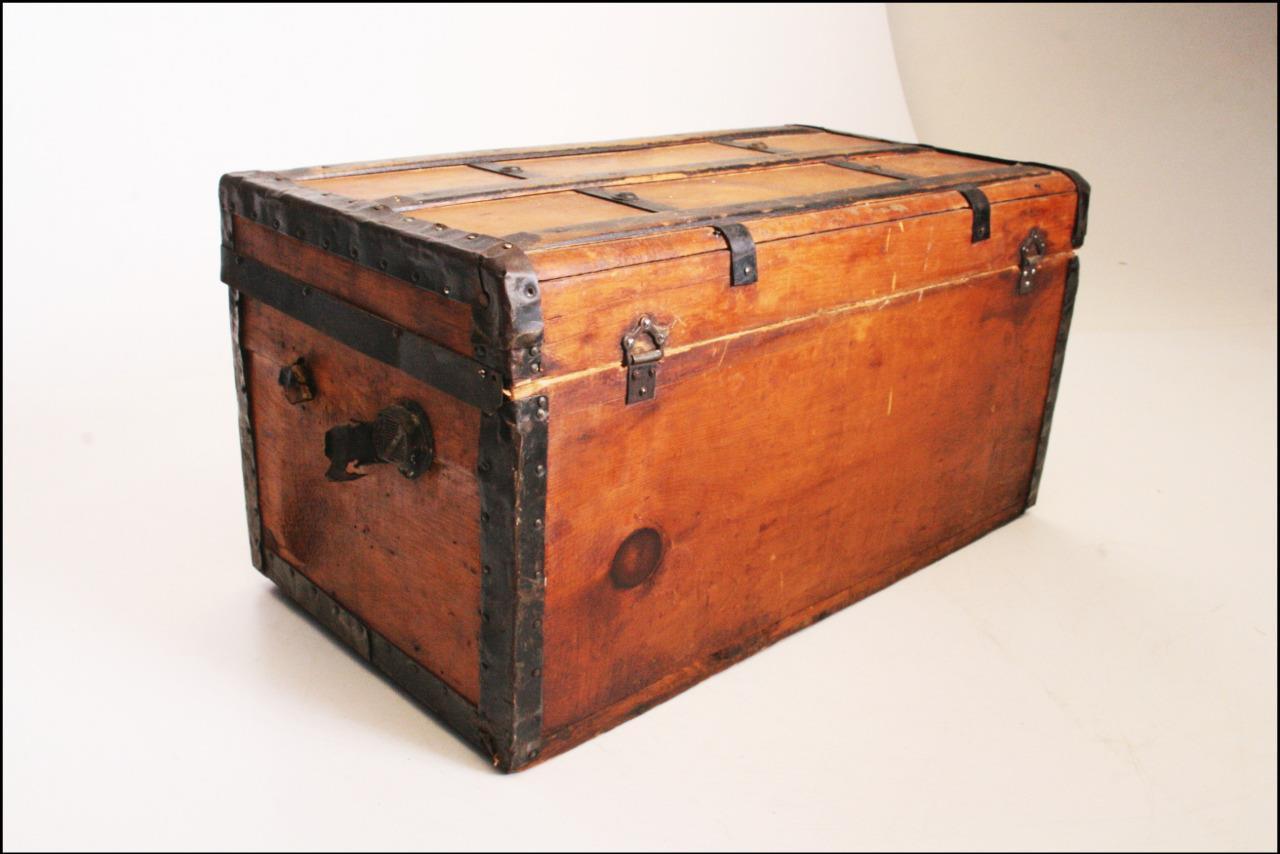 Vintage WOOD TRUNK storage chest steamer wooden victorian rustic banded crate