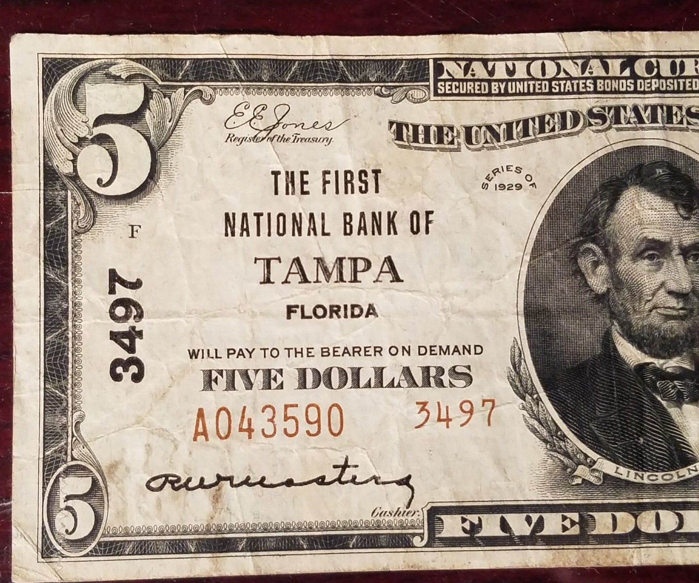 1929 $5 National Currency The FNB of Tampa, Florida, Ch. # 3497 Type 2, FL