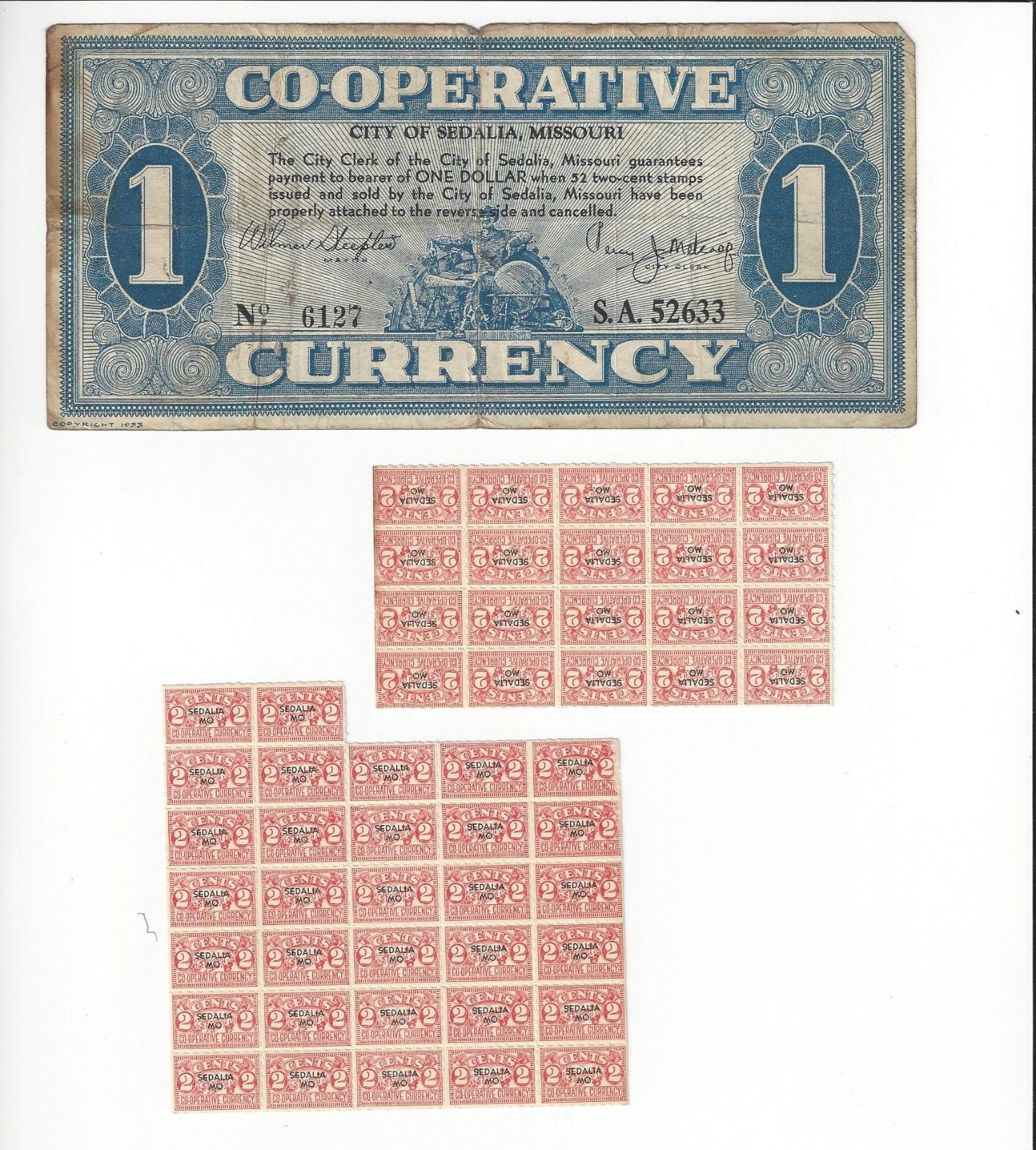 MISSOURI DEPRESSION SCRIPT 1 DOLLAR  SEDALIA WITH A LOT OF EXTRA STAMPS  FINE