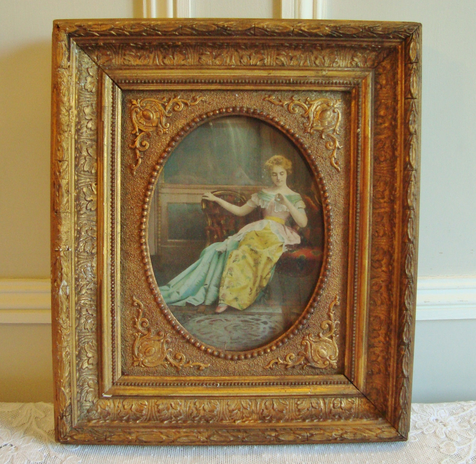 BEAUTIFUL ANTIQUE FRENCH WOOD PICTURE FRAME FRAMED PRINT CIRCA 1900 WOODEN